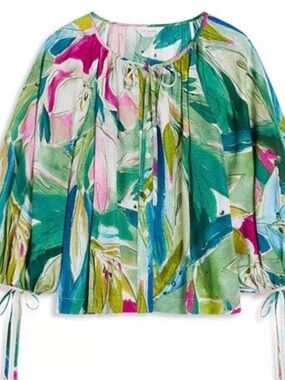 Ted Baker Multicolor Floral Pintuck Tie-Neck Blouse